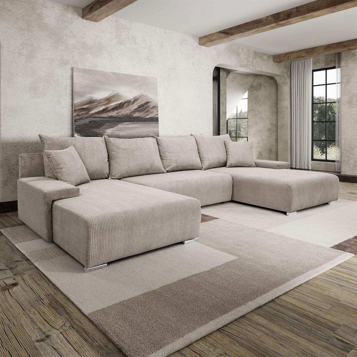 WOHNLANDSCHAFT LAVIO U mit Schlaffunktion und Bettkasten - Beige, Textil (348/93/188cm) - Lookway