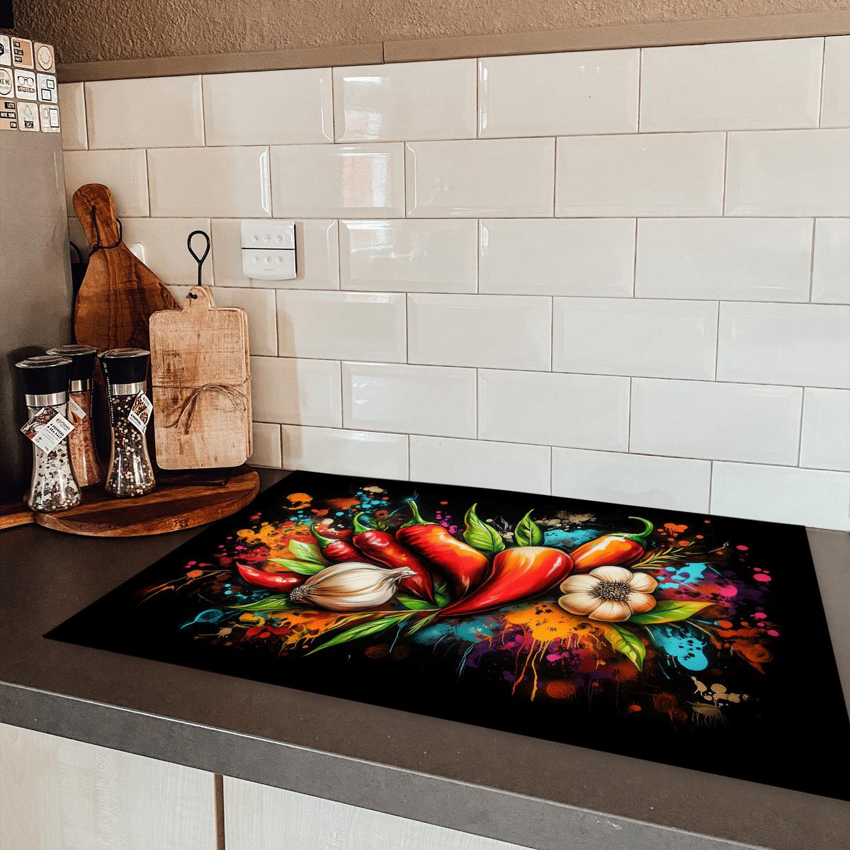 HERDABDECKPLATTE Gemüse - Paprika - Knoblauch - Graffiti - Farbe - Bunt Ceranfeldabdeckung 78x52 cm - Rot, Kunststoff (78/52/0.2cm) - MuchoWow