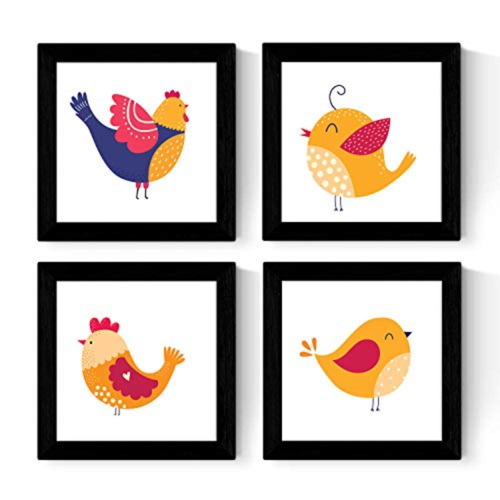 POSTER Set mit 4 Familie von Hühnern skandinavischen Stil nordico 20x20cm Schwarzer Rahmen - Schwarz, Papier (20/3cm) - Nacnic
