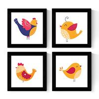 POSTER Set mit 4 Familie von Hühnern skandinavischen Stil nordico 20x20cm Schwarzer Rahmen - Schwarz, Papier (20/3cm) - Nacnic