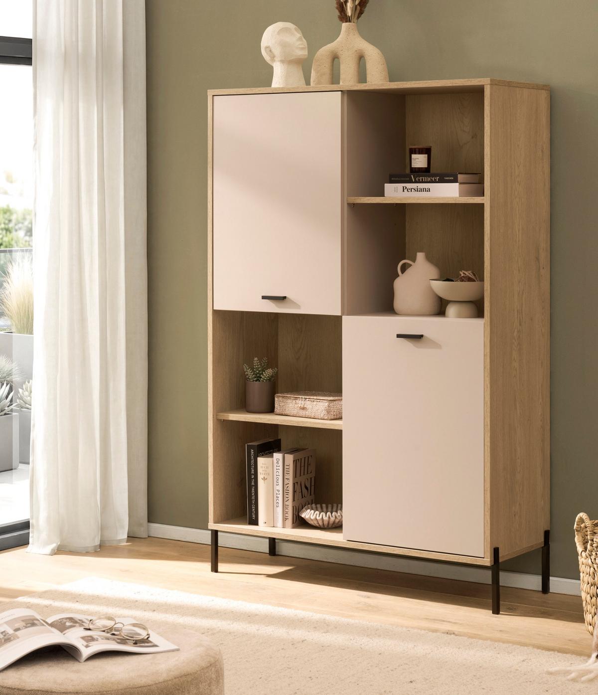 REGALSCHRANK Kaschmir, Eiche 105 x 160 cm, HIGHBOARD mit Soft-Close - Kaschmir/Eichefarben, Holzwerkstoff/Metall (105/160/40cm) - Furn.Design