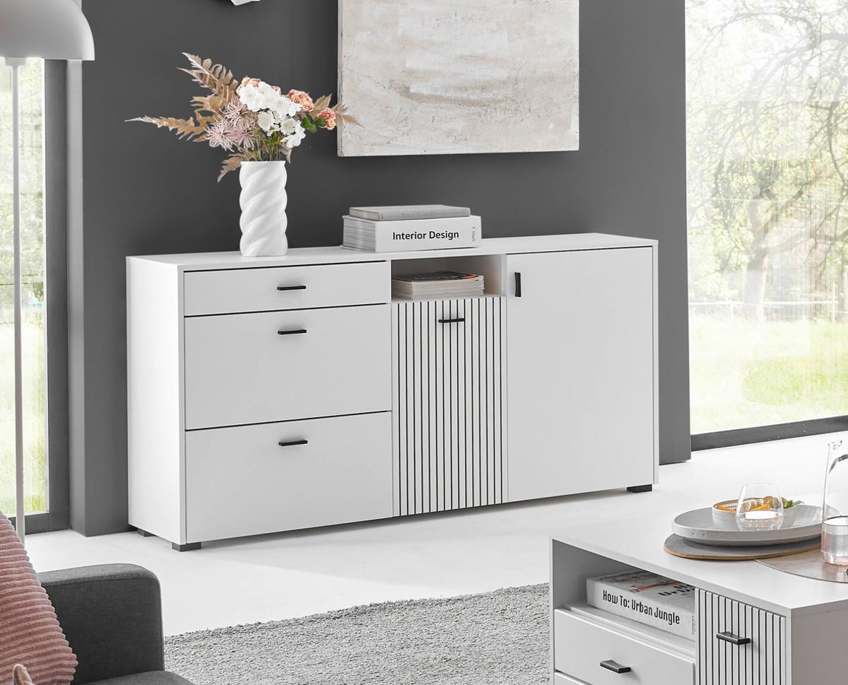 SIDEBOARD weiß matt, Kommode 150 cm mit Soft-Close-Funktion - Schwarz/Weiß, Holzwerkstoff/Kunststoff (150/80/42cm) - Furn.Design