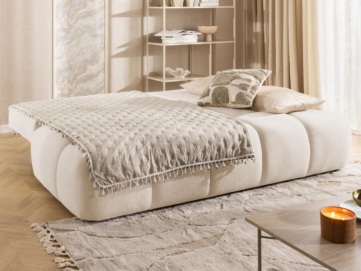 SCHLAFSOFA Belluno aus hochwertigem Beige Plüschstoff mit Bettkasten und tiefen Steppungen in Bubble-Optik - Beige/Schwarz, Holz/Kunststoff (205/87/105cm) - S-Style