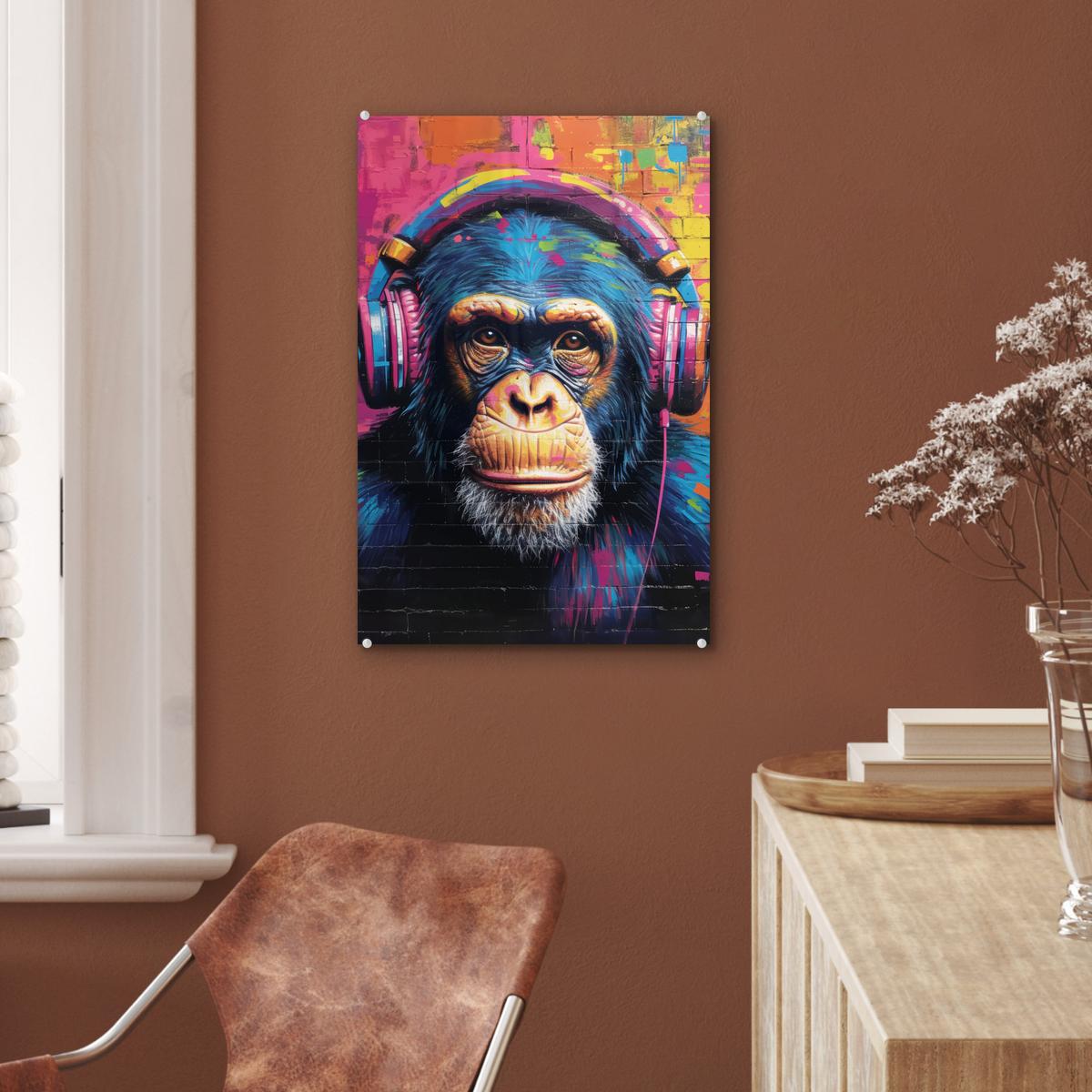 ACRYLGLASBILD Graffiti - Schimpanse - Straßenkunst - Kopfhörer - Affe Wanddeko Wohnzimmer 40x60 cm - Blau, Glas (40/60cm) - MuchoWow