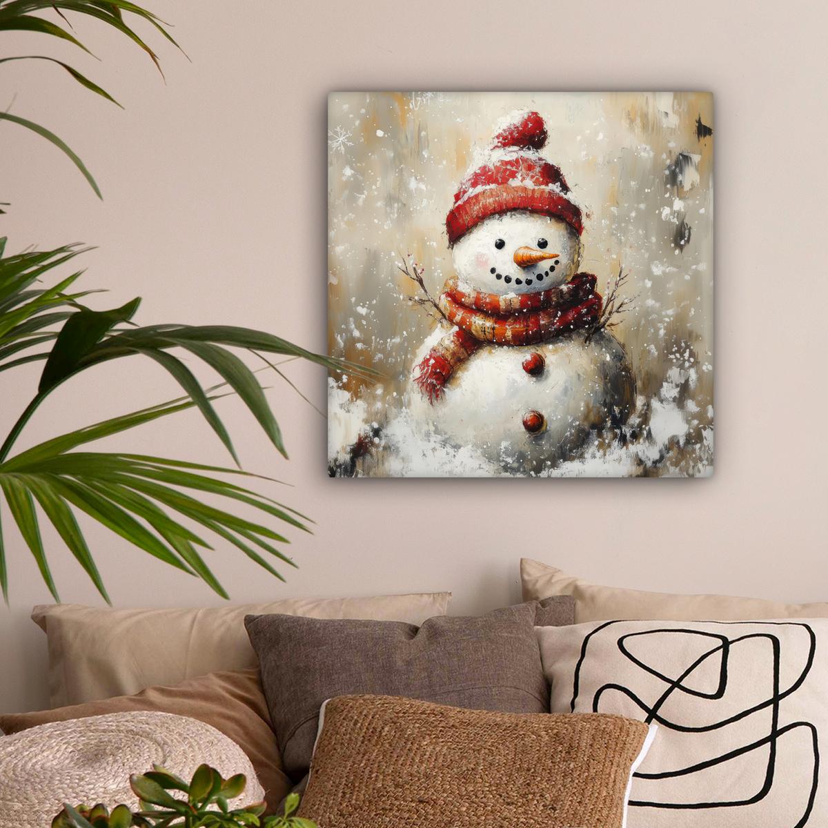 LEINWANDBILD Schneemann - Winter - Schnee - Beige Wandbild Wohnzimmer 50x50 cm - Weiß, Textil (50/50cm) - MuchoWow