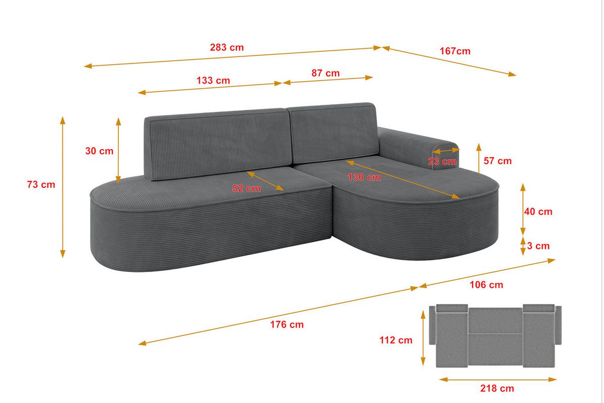 ECKSOFA mit Schlaffunktion und Bettkasten Ottomane Rechts MARI-L1-S - 283x167x73 cm Dunkelgrau Cord - Alufarben/Schwarz, Holzwerkstoff/Kunststoff (167/283cm) - ALTDECOR