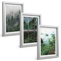 BILDER SET 3er Set - 20x30 cm Silberner Rahmen - Waldnebel, Flussufer, Gewächshaus - Silberfarben, Kunststoff (20/30cm) - TULUP