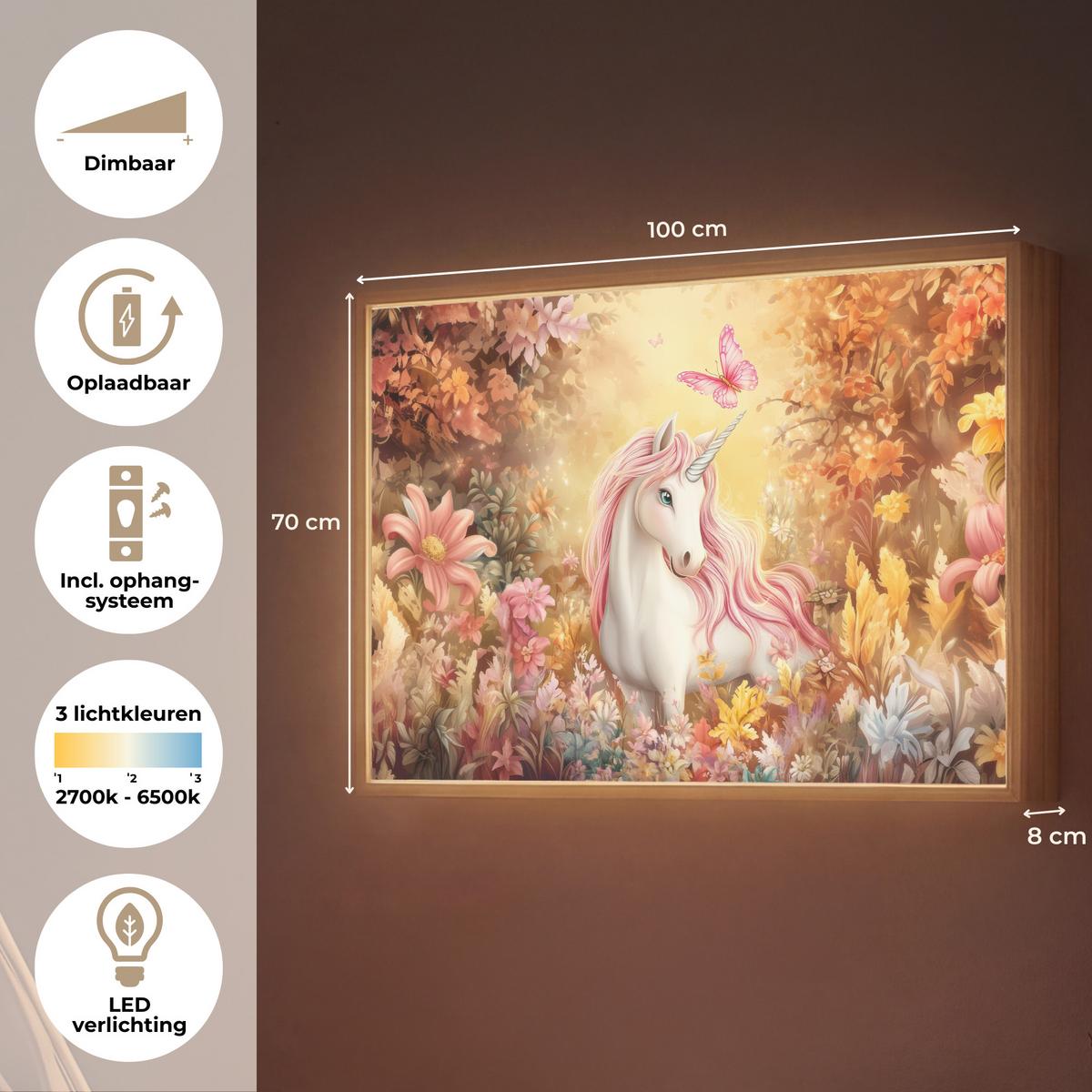 WANDLEUCHTE MIT AKKU Einhorn - Blumen - Schmetterling - Rosa 100x70 cm - Beige, Holzwerkstoff (100/70/8cm) - OnlyWow