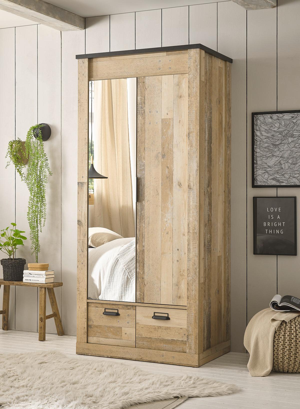 KLEIDERSCHRANK Used Wood hell, dunkles Grau 93 x 209 cm, Drehtürenschrank 2-türig mit Spiegel - Dunkelgrau/Schwarz, Glas/Holzwerkstoff (93/209/63cm) - Furn.Design