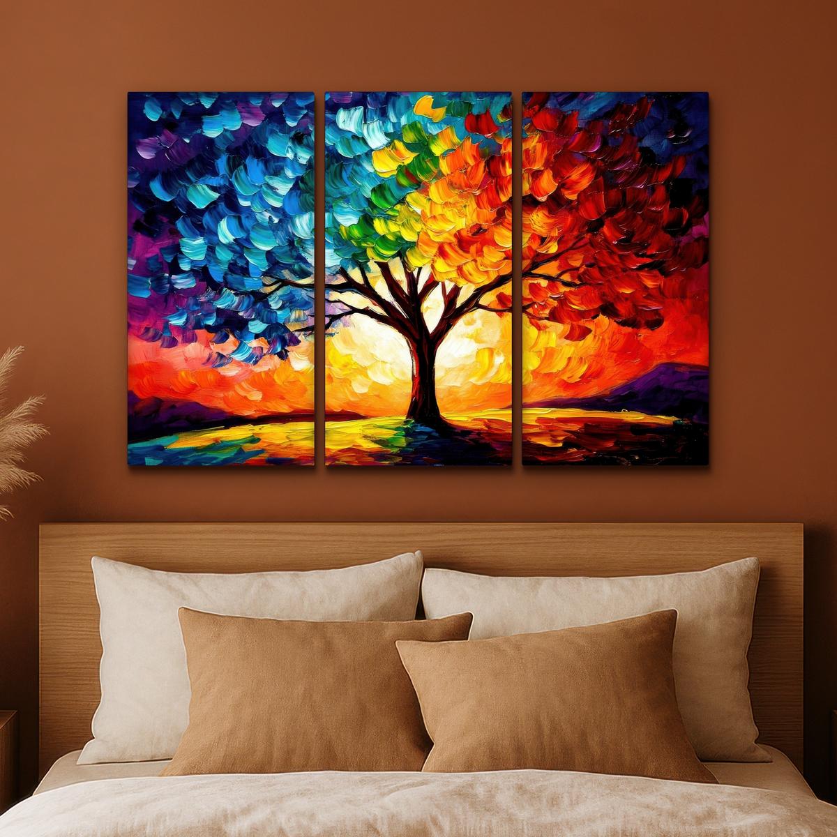 LEINWANDBILD 3er Set Baum - Farbenfroh - Malerei-Look - Abstrakt 120x80 cm - Multicolor, Textil (120/80cm) - MuchoWow
