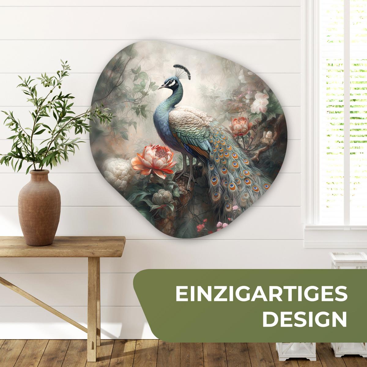 WANDBILD Pfau - Pfauenfedern - Vogel - Dschungel - Blumen Room Decor 90x90 cm - Smaragdgrün, Kunststoff (90/90cm) - MuchoWow