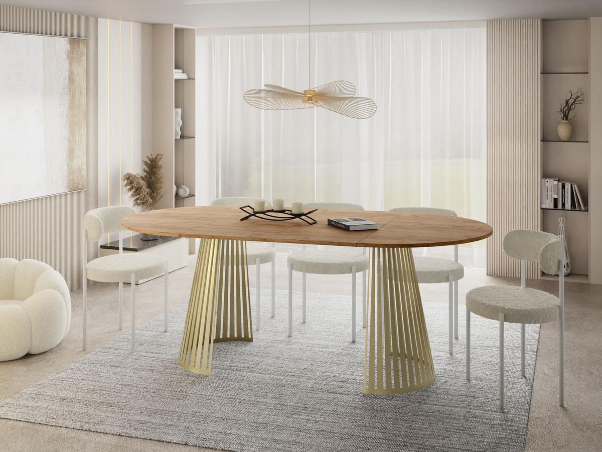ESSTISCH Naro rund ausziehbar mit Goldenem Lamellen-Metallgestell, Braun 100-180/100/76 cm - Eiche Wotan/Goldfarben, Holzwerkstoff/Metall (100/176/76cm) - WFL GROUP