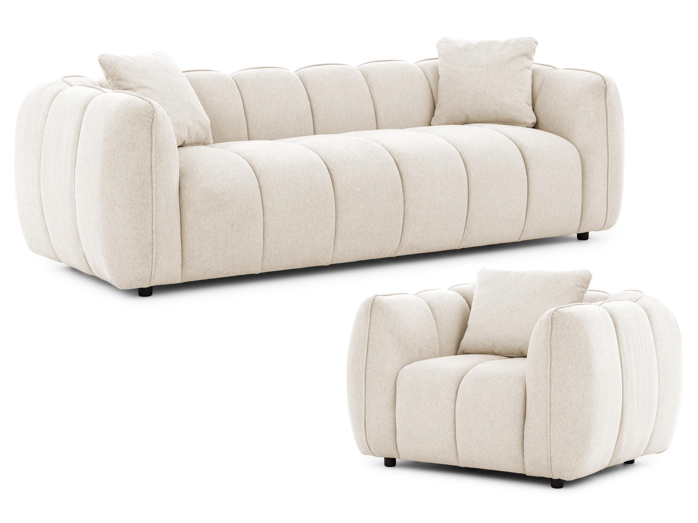 SITZGARNITUR 3+1 Nubira in tief gesteppter Bubble-Optik aus weichem Hellbeige Strukturstoff im modernen Design - Beige/Schwarz, Holz/Kunststoff (228/69/89cm) - S-Style Möbel