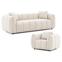 SITZGARNITUR 3+1 Nubira in tief gesteppter Bubble-Optik aus weichem Hellbeige Strukturstoff im modernen Design - Beige/Schwarz, Holz/Kunststoff (228/69/89cm) - S-Style Möbel