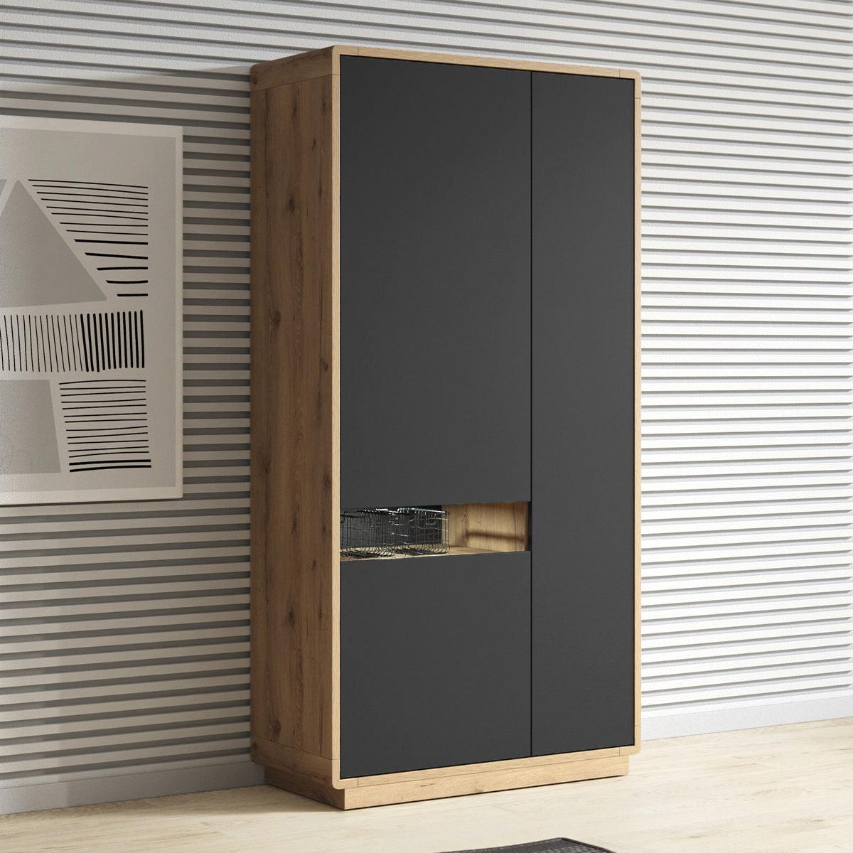 SCHRANK 3 Türen Raven Mattschwarz und Holz - Schwarz, Holzwerkstoff (92/181/40cm) - Petits-meubles