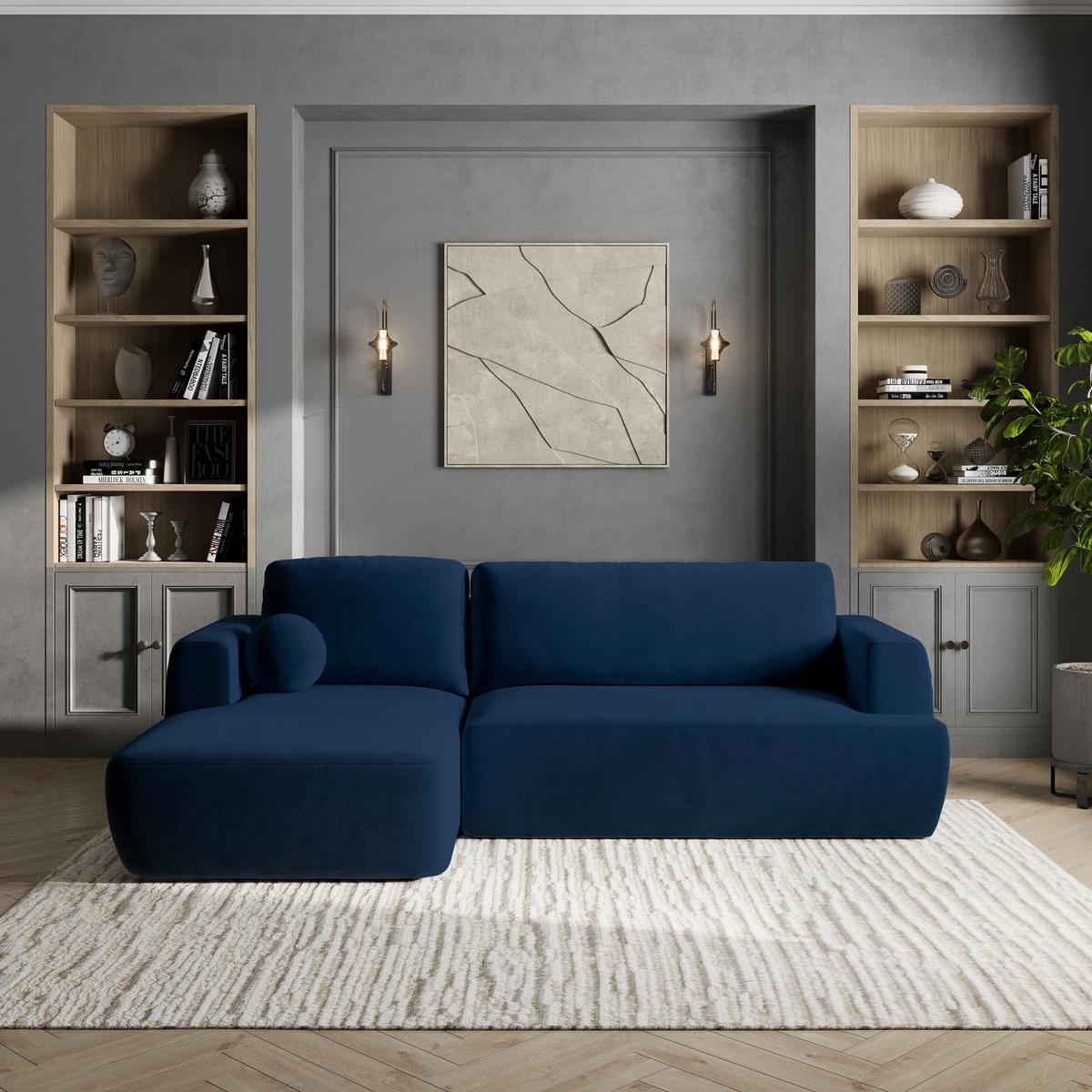 ECKSOFA SENTI K L-S Blau Plüsch-Stoff mit Schlaffunktion - Blau/Schwarz, Holz/Kunststoff (246/148cm) - MASSENO