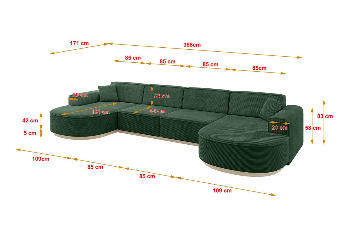WOHNLANDSCHAFT MARI-U2-v1 - 388x171x83 cm Grün Cord - Grün, Holzwerkstoff/Textil (388/83/171cm) - ALTDECOR