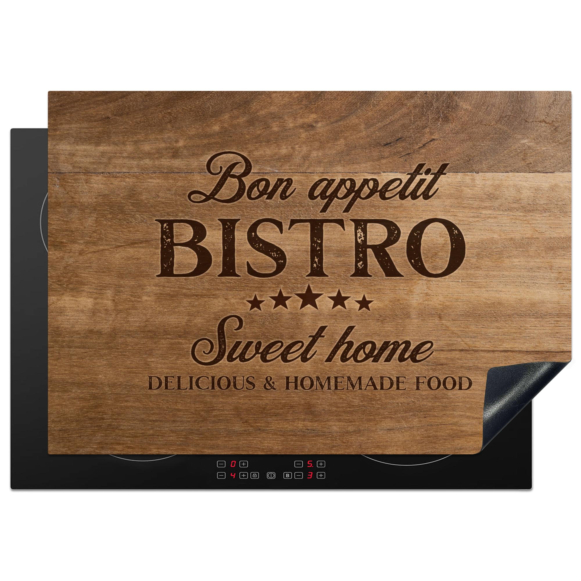 HERDABDECKPLATTE Zitat - Bistro - Guten Appetit - Süßes Zuhause - Holzmaserung Herdabdeckung Induktionsfeld 75x52 cm - Braun, Kunststoff (75/52/0.2cm) - MuchoWow