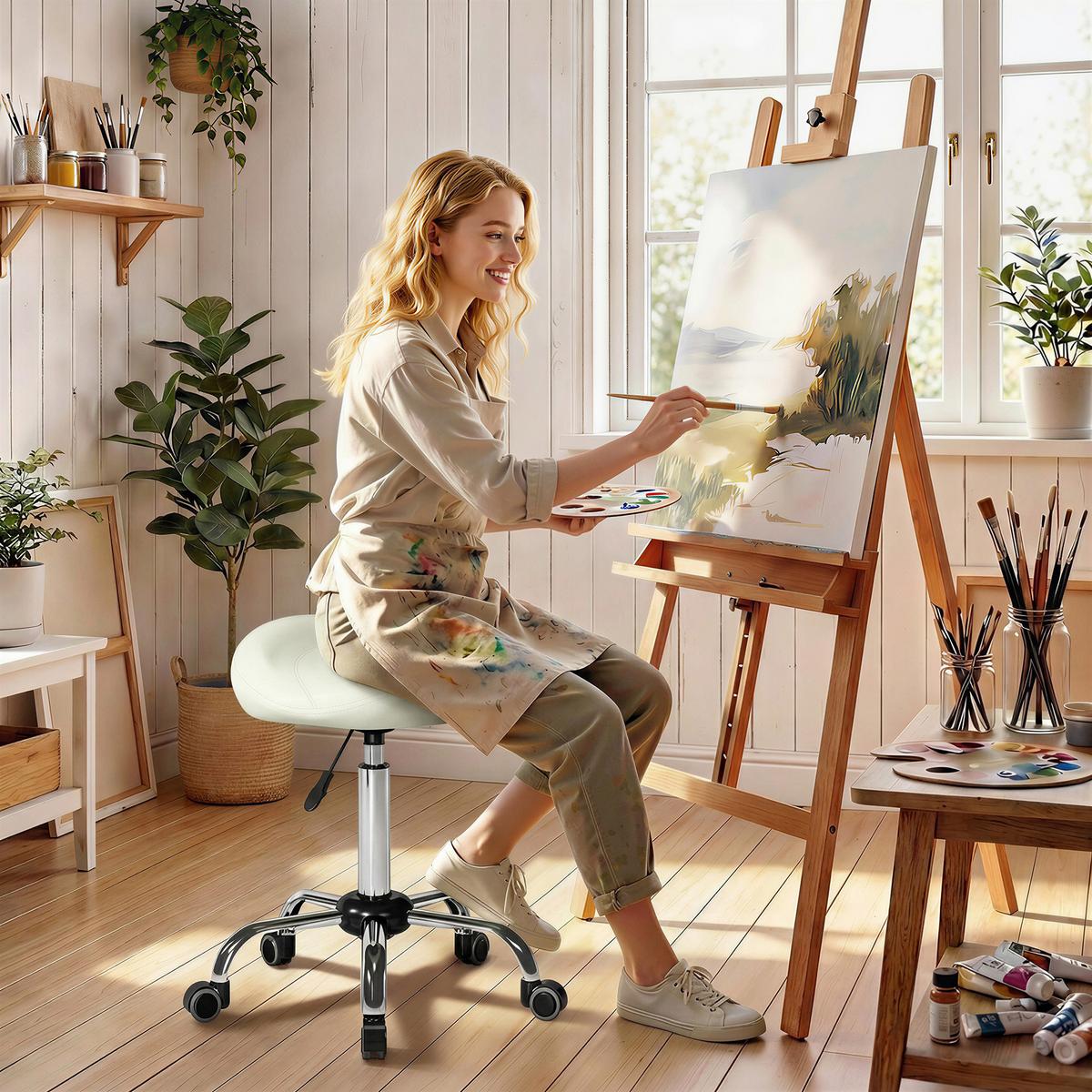 ROLLHOCKER PU Cremeweiß - Chromfarben/Creme, Leder/Kunststoff (48/71/48cm) - HOMCOM