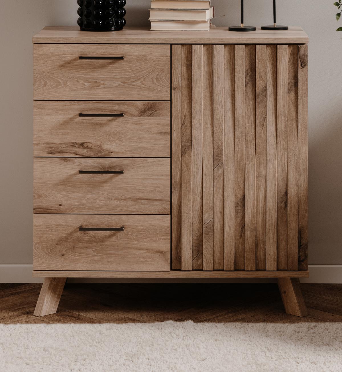 KOMMODE Eiche 84 cm, Anrichte mit 3D-Relief und Push-to-Open - Eichefarben/Messingfarben, Holzwerkstoff/Metall (84/85/40cm) - Furn.Design