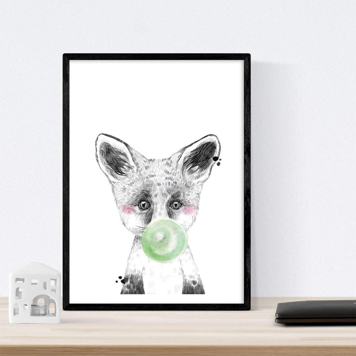 POSTER Set Mit 6 Tiere Babys Mit Kaugummi Schweinefleischkaninchenkuh Zorro Eule Hund - Schwarz, Papier (29/3cm) - Nacnic
