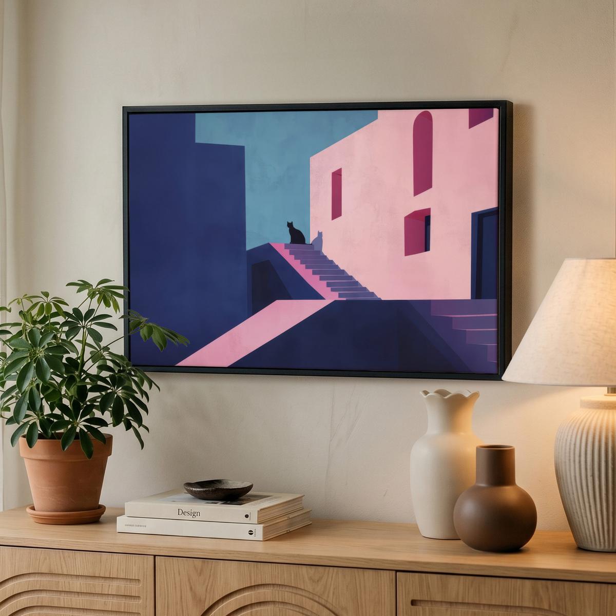 LEINWAND Bilder mit Rahmen - Katze - Treppe - Gebäude - Schattenkontraste - 60x40 - Dunkelblau, Textil (60/40cm) - MuchoWow