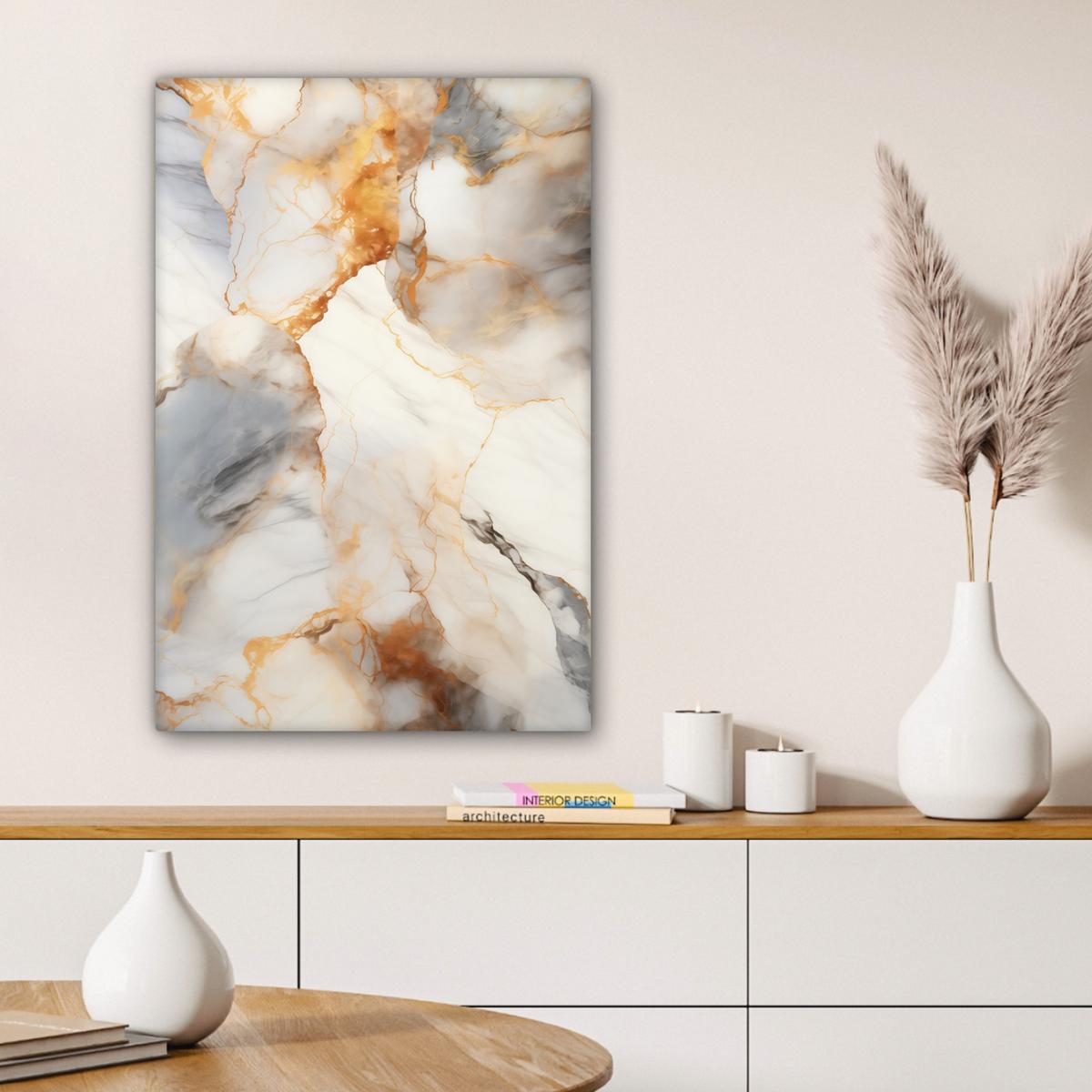 LEINWANDBILD Marmor - Grau - Gold Wanddeko Schlafzimmer 60x90 cm - Weiß, Textil (60/90cm) - MuchoWow