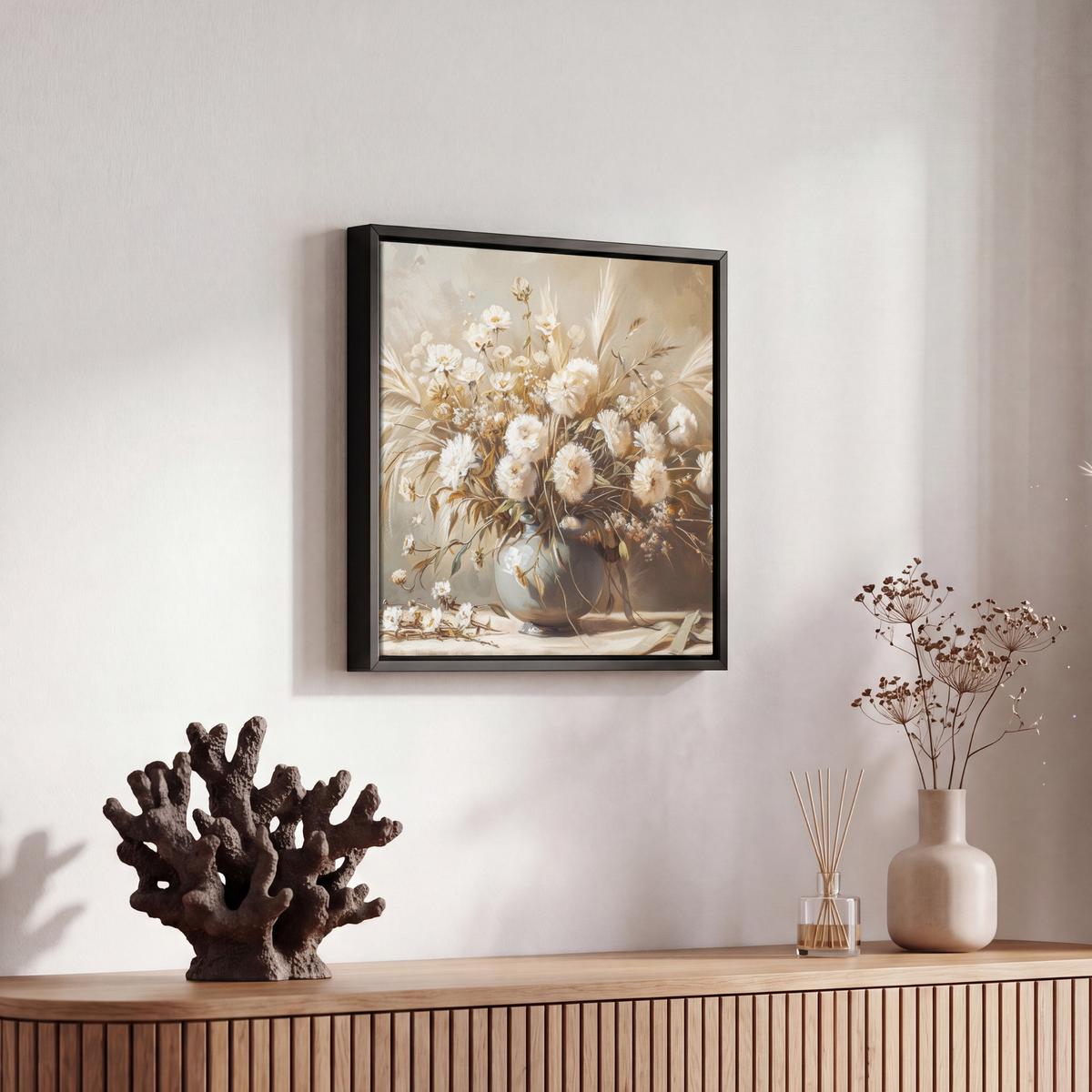 LEINWAND Bilder mit Rahmen - Blumen - Vase - Stilleben - Beige - 20x20 - Creme, Textil (20/20cm) - MuchoWow