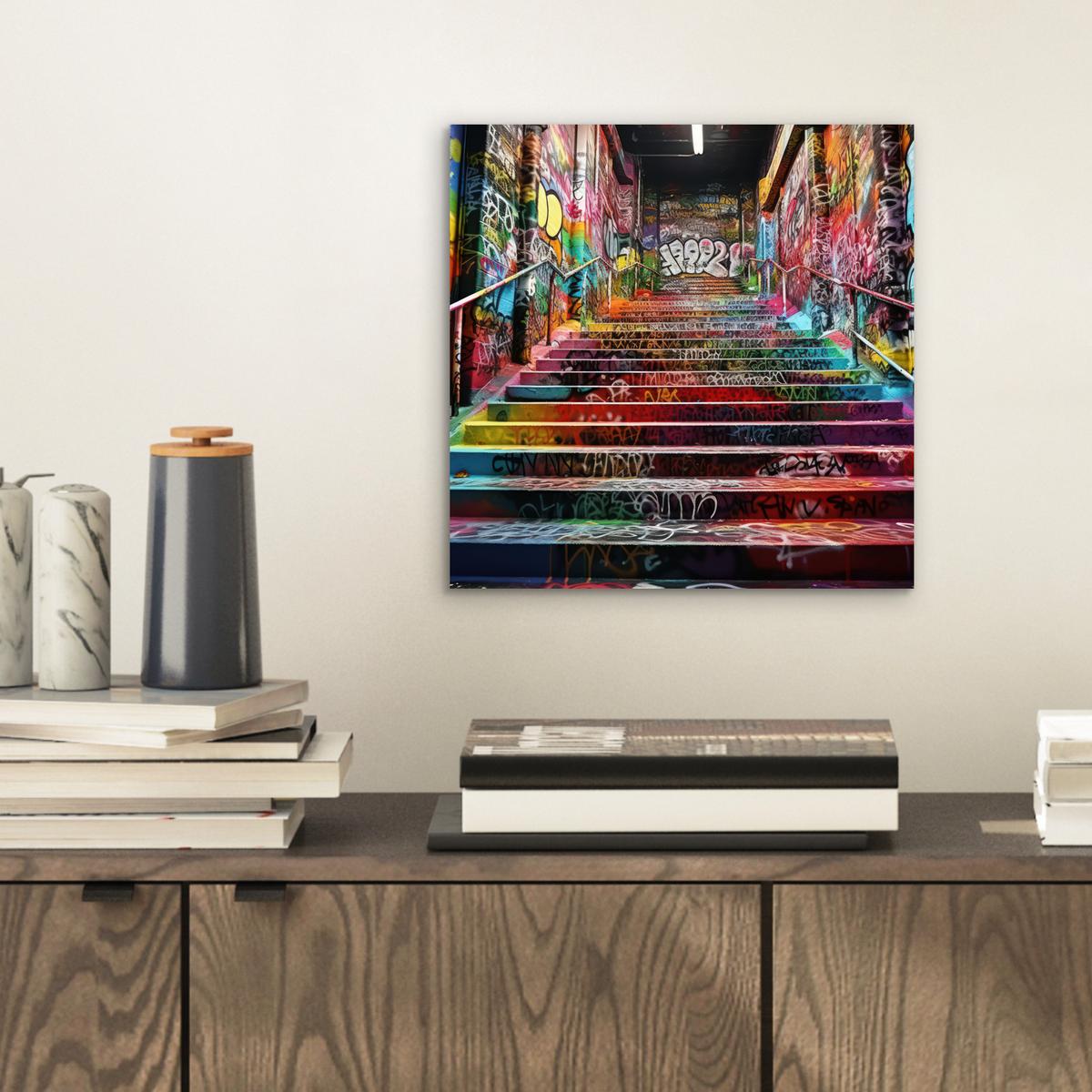 METALLBILD Treppe - Graffiti - Farben - Kunst 20x20 cm - Multicolor, Metall (20/20cm) - MuchoWow