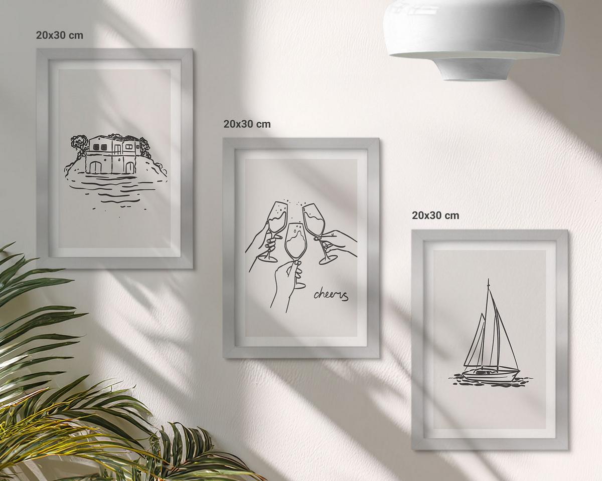 BILDER SET 3er Set - 20x30 cm Silberner Rahmen - Haus am Wasser, Segelboot-Toast - Silberfarben, Kunststoff (20/30cm) - TULUP