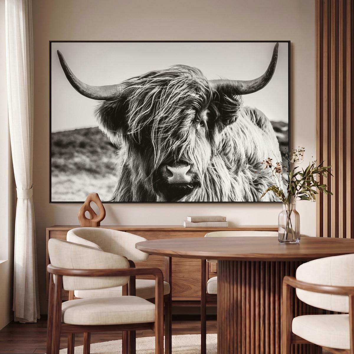 LEINWAND Bilder mit Rahmen - Kuh - Schottischer Hochländer - Schwarz - Weiß - Tier - Natur - Wildtiere - 150x100 - Schwarz, Textil (150/100cm) - MuchoWow