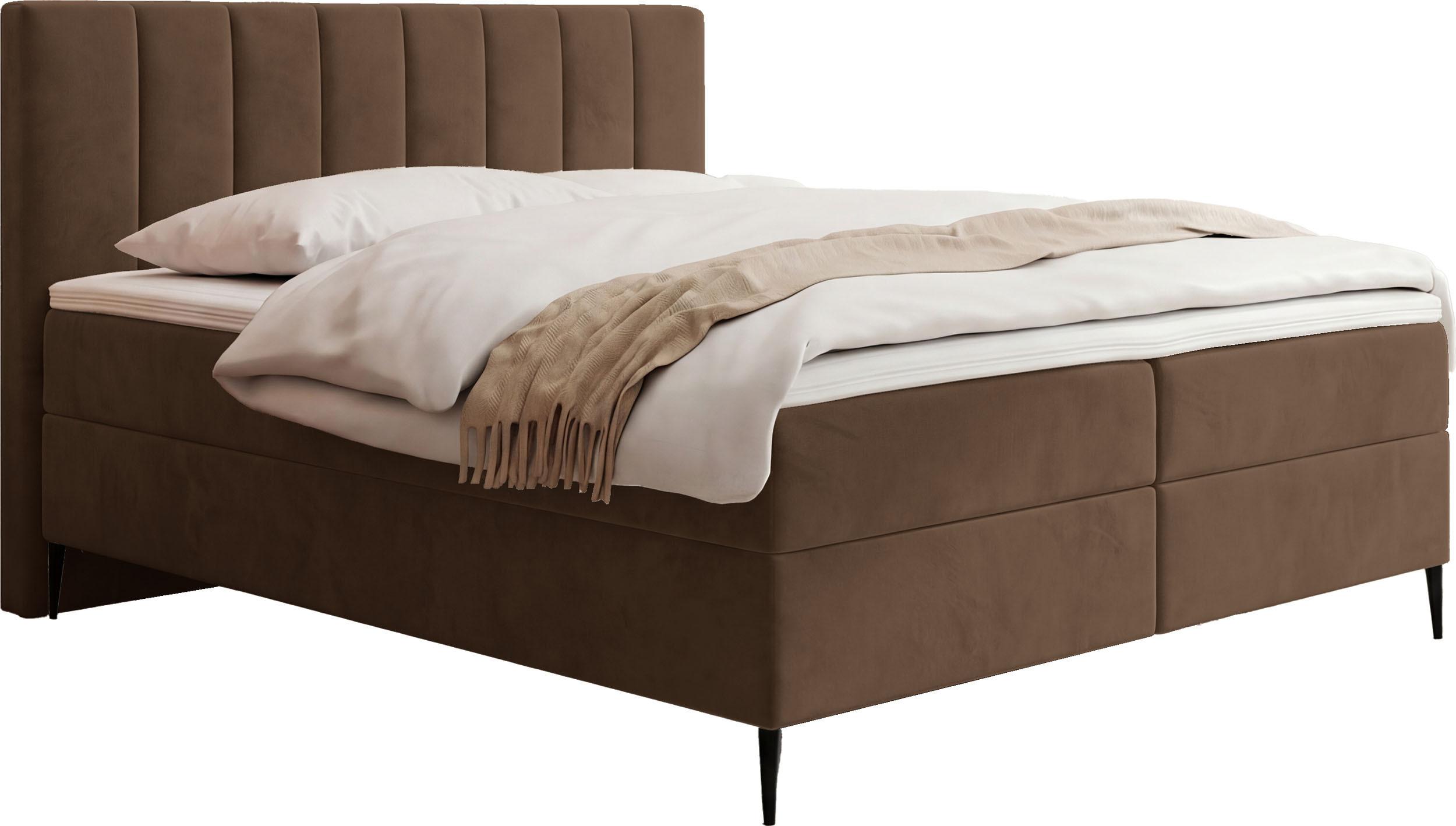 BOXBETT Allen mit Bettkasten, Samt Braun 140x200 cm – inkl. H4 Taschenfederkern Matratze & Foam Topper - Schwarz/Braun, Holz/Textil (140/200cm) - WFL GROUP