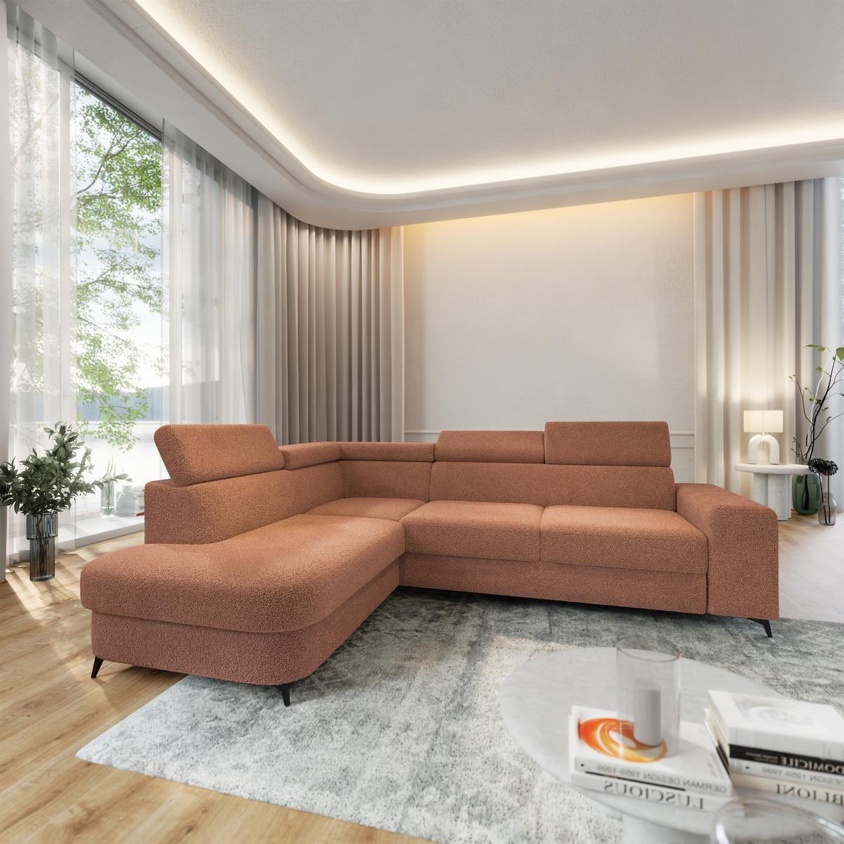 ECKSOFA ALVORO L-S Kupferfarben Boucle-Stoff mit Schlaffunktion - Kupferfarben, Holz (253/190cm) - MASSENO
