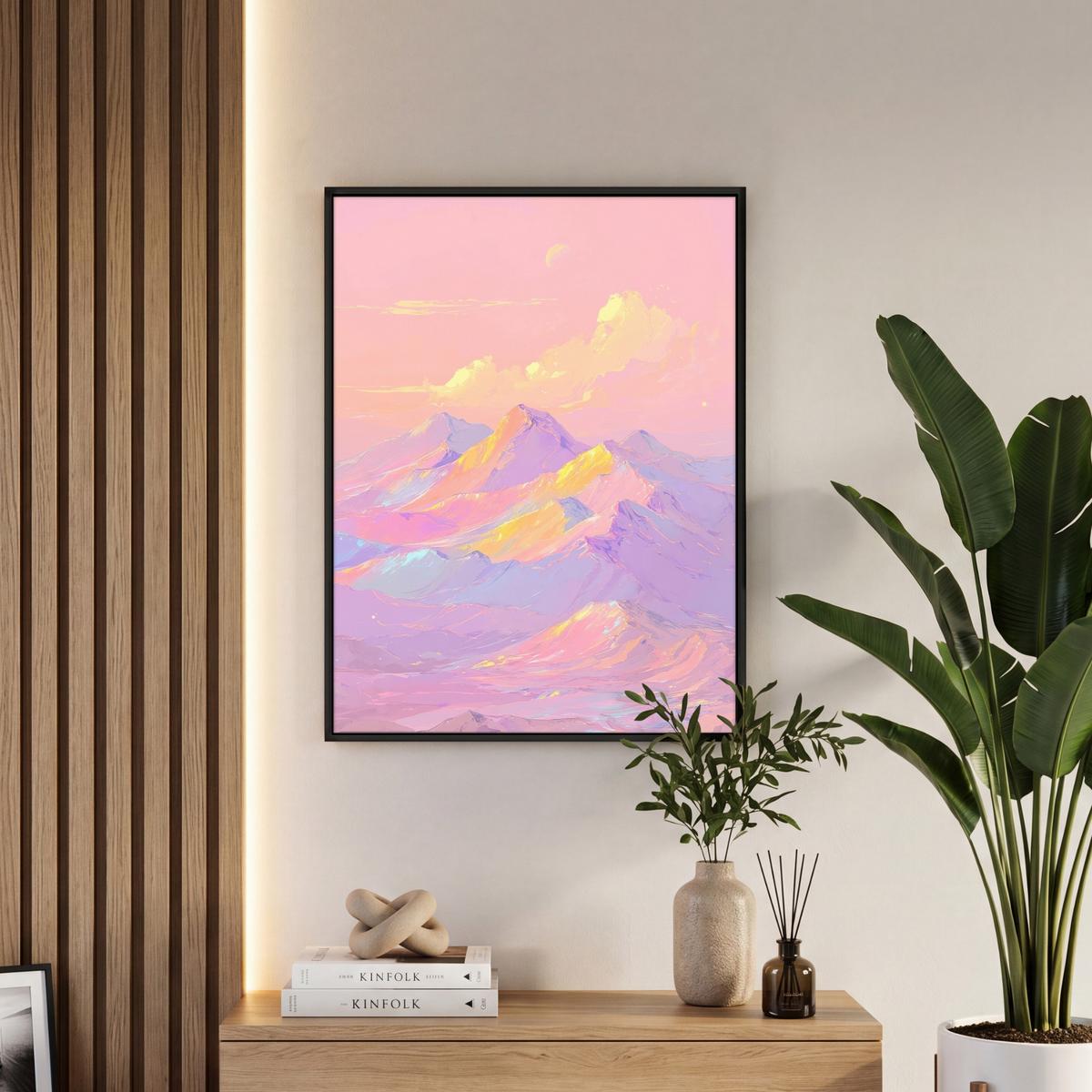 LEINWAND Bilder mit Rahmen - Berggipfel - Wolken - Verträumt - 50x70 - Hellrosa, Textil (50/70cm) - MuchoWow