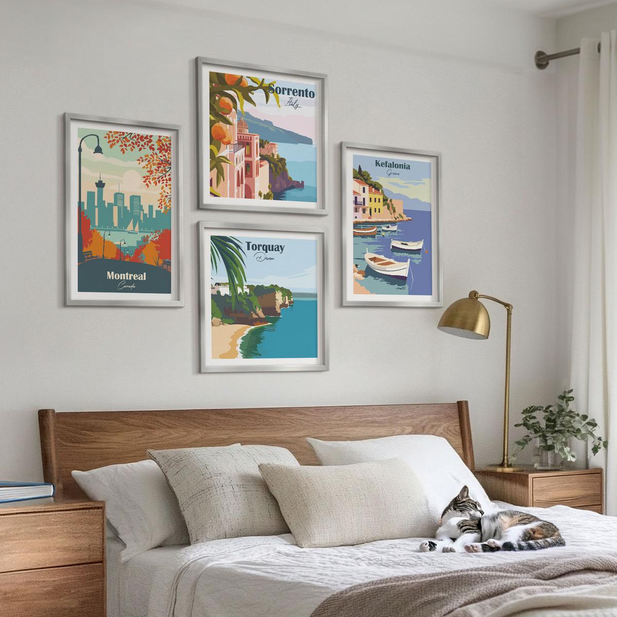 BILDER SET 4er Set - 50x50 cm & 40x60 cm Silberner Rahmen - Retro-Ansichten von Städten auf der ganzen Welt - Silberfarben, Kunststoff (50/50cm) - TULUP