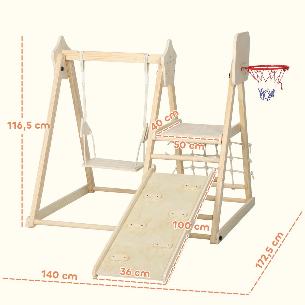 KLETTERGERÜST-MONTESSORI mit Rutsche Schaukel und Basketballkorb - Naturfarben, Holz (133/43/140cm) - AIYAPLAY