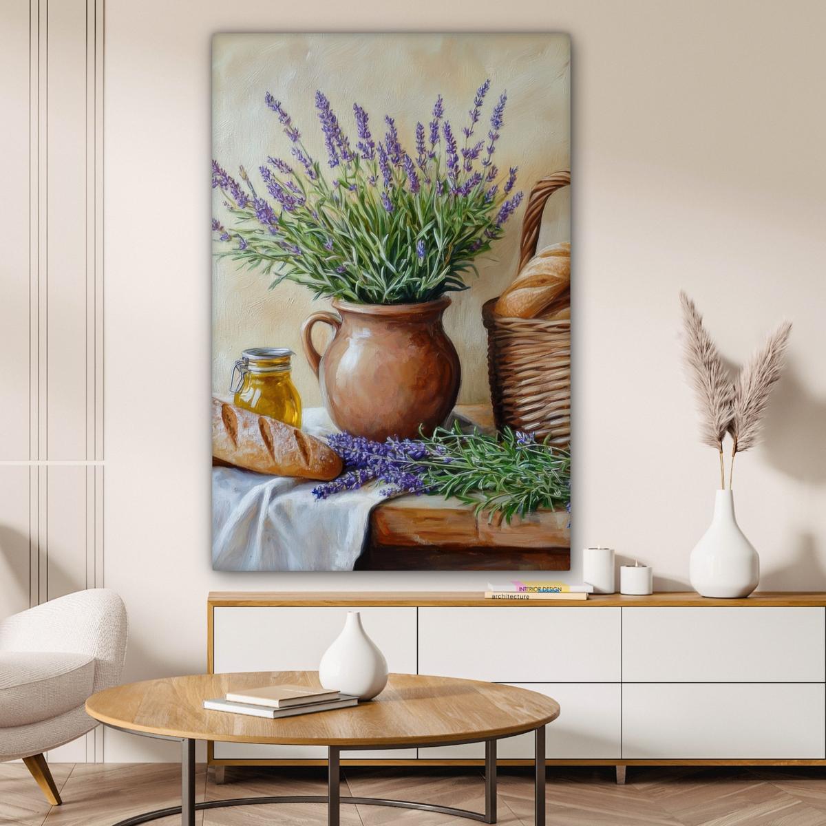 LEINWANDBILD Lavendel - Brot - Stilleben Deko XXL 80x120 cm - Flieder, Textil (80/120cm) - MuchoWow