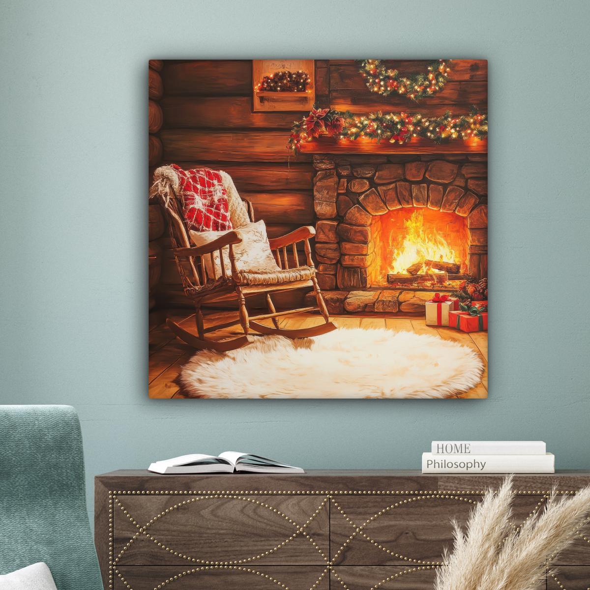 LEINWANDBILD Winter - Weihnachten - Zuhause - Kamin Deko Groß 90x90 cm - Bernsteinfarben, Textil (90/90cm) - MuchoWow