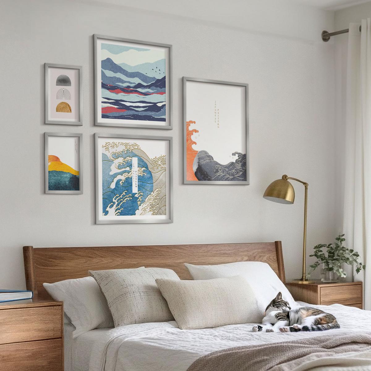 BILDER SET 5er Set - 50x50 cm & 20x30 cm & 40x60 cm Silberner Rahmen - Stilvolle moderne Blumen - Silberfarben, Kunststoff (40/60cm) - TULUP