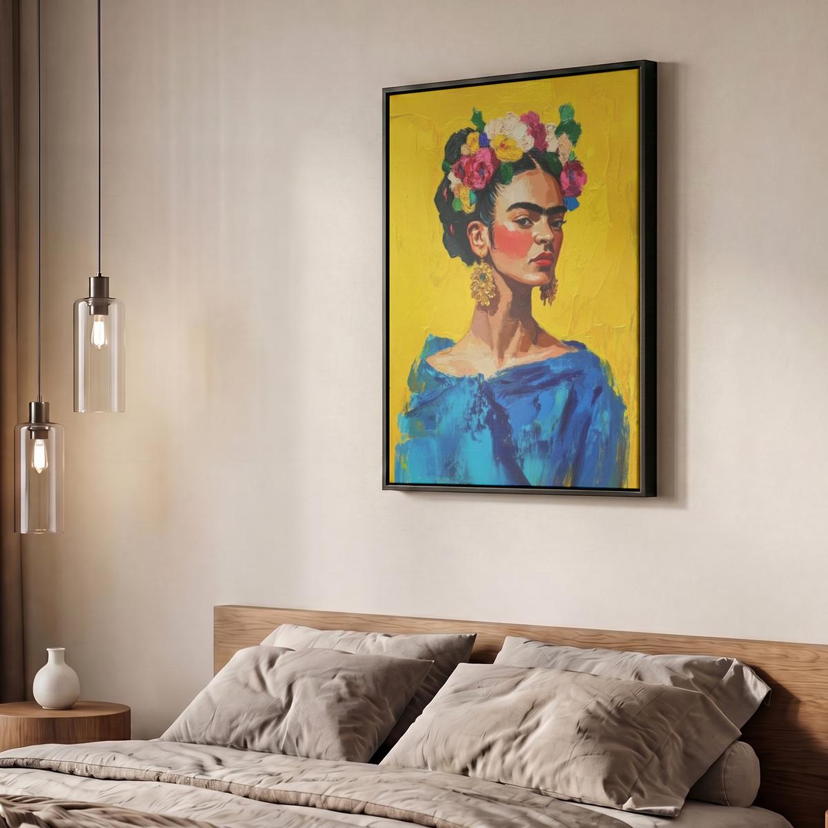 LEINWAND Bilder mit Rahmen - Frida Kahlo - Frau - Gelb - Blau - Blumen - 50x70 - Gelb, Textil (50/70cm) - MuchoWow