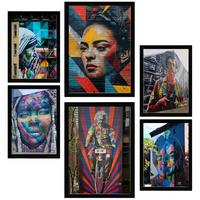POSTER Set Mit 6 Graffiti Bunte Straßenkunst Frida Einstein Teresa Jackson A3 & A4 Schwarzer Rahmen - Schwarz, Papier (29/3cm) - Nacnic