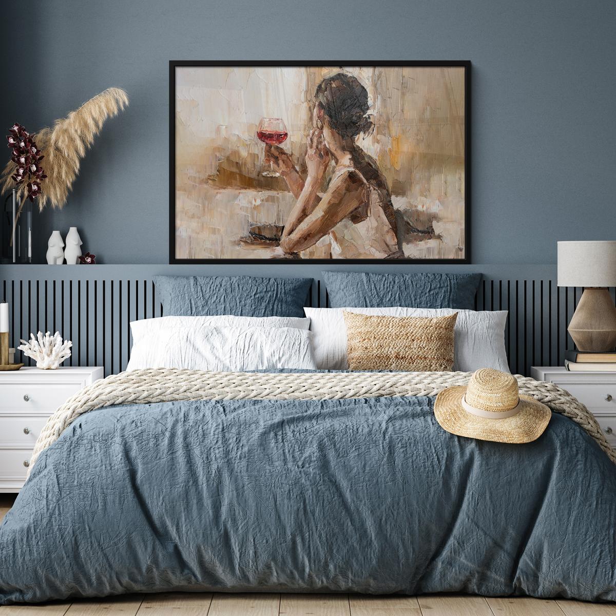 POSTER MIT RAHMENGERAHMTES BILD Ölgemälde - Frau - Wein 120x80 cm - Hellbraun, Papier (120/80cm) - MuchoWow