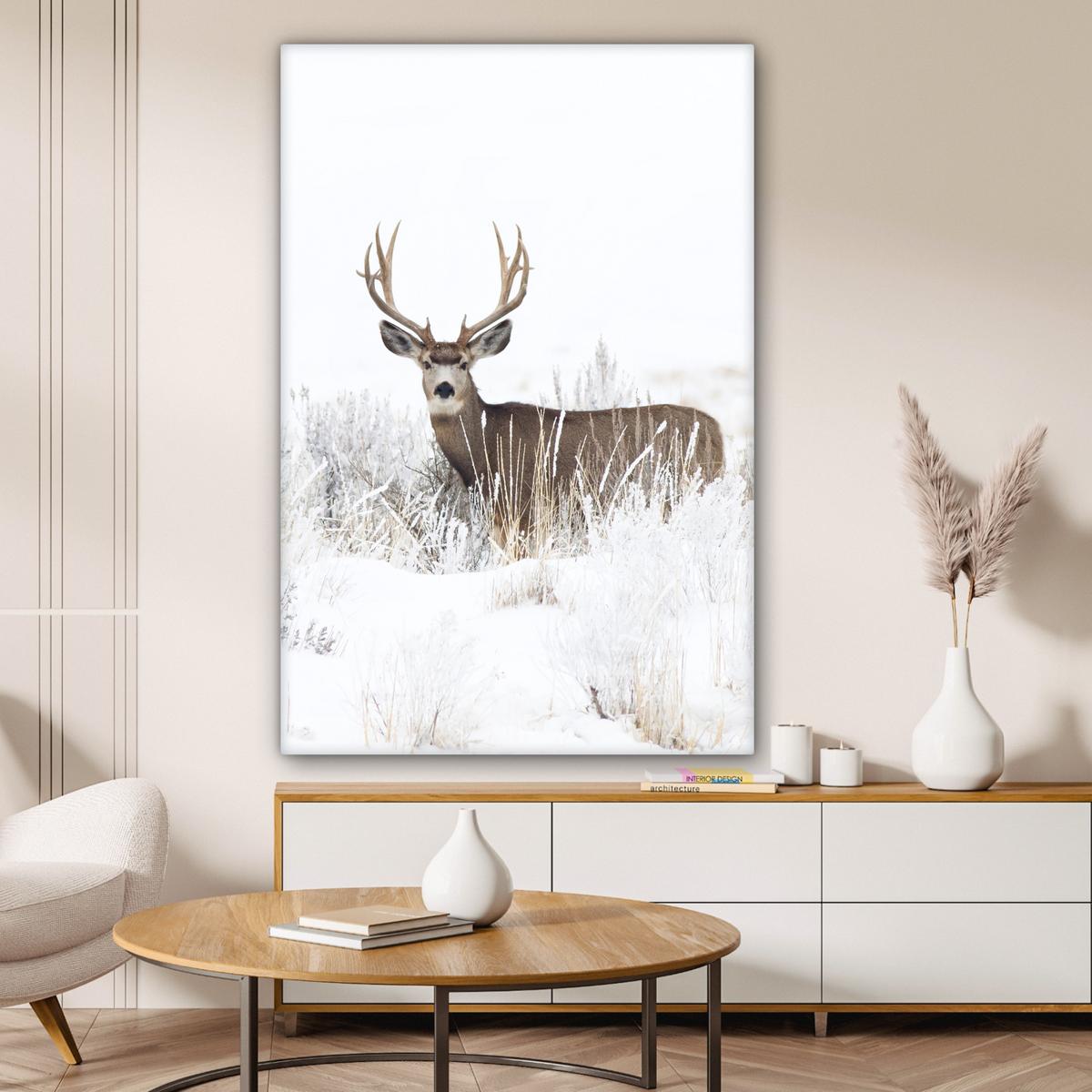 LEINWANDBILD Hirsche - Winter - Schnee - Tiere - Jahreszeiten - Weiß Deko XXL 80x120 cm - Hellbraun, Textil (80/120cm) - MuchoWow