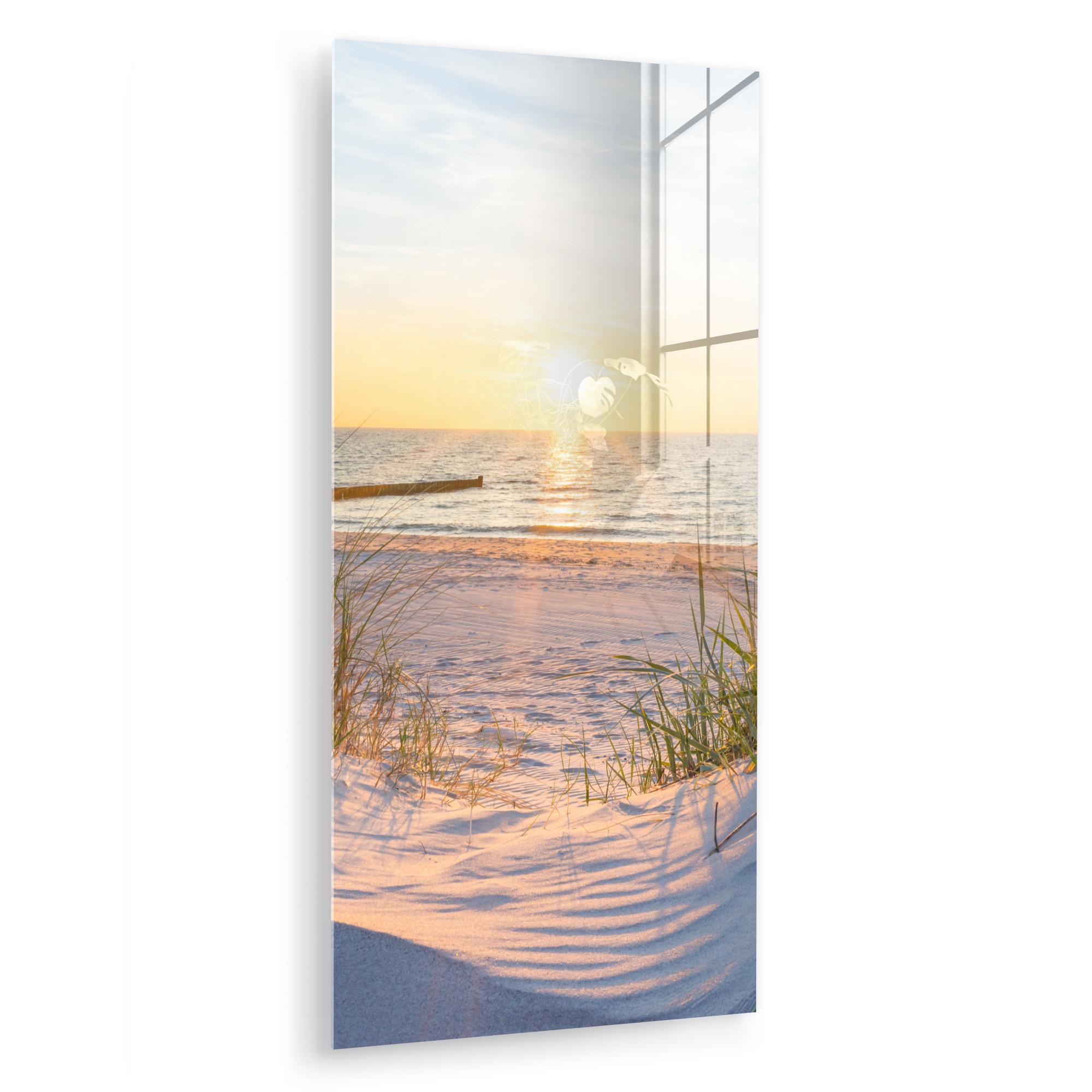 ACRYLGLASBILD Strand - Sonne - Düne - Gras - Sand - Horizont 60x120 cm - Hellblau, Glas (60/120cm) - MuchoWow