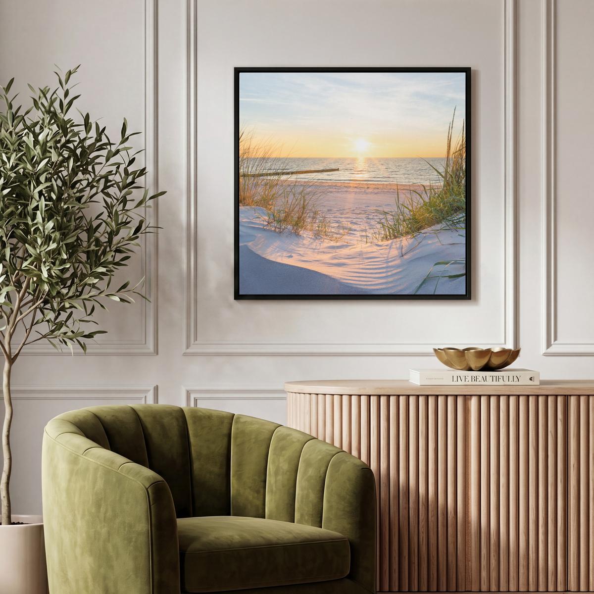 LEINWAND Bilder mit Rahmen - Strand - Sonne - Düne - Gras - Sand - Horizont - 50x50 - Hellblau, Textil (50/50cm) - MuchoWow