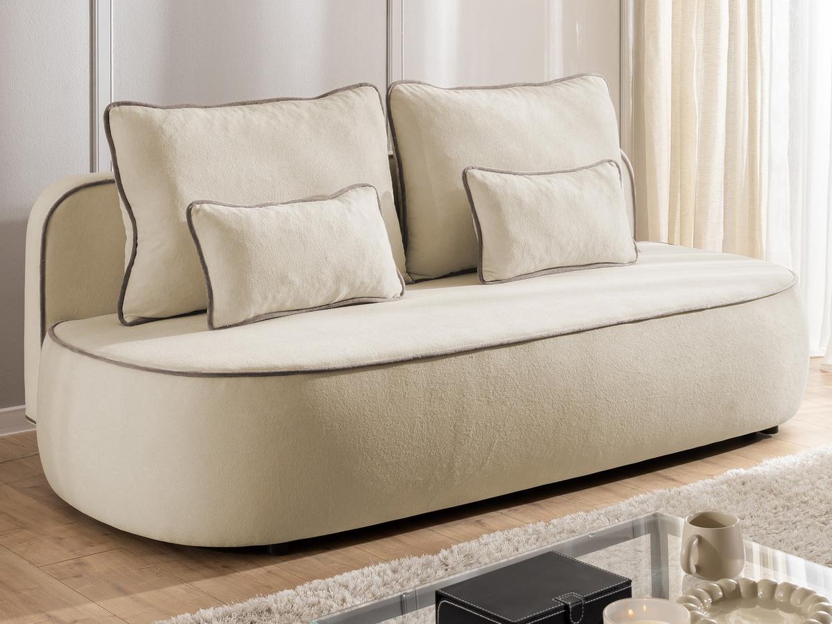 KINDERSOFA Vero im modernen und abgerundeten Design mit Schlaffunktion und Bettkasten aus Beige Plüschstoff mit tauper Paspel - Beige/Schwarz, Holz/Kunststoff (210/90/98cm) - S-Style Möbel