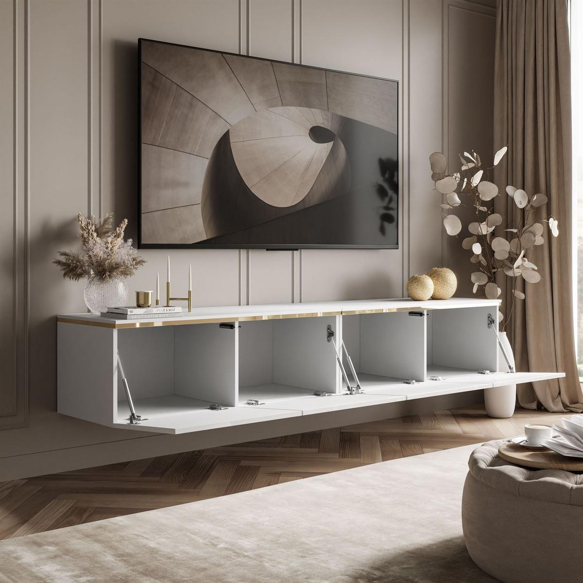 TV-RACK CELINE GLOSS 200 cm mit LED-Beleuchtung (hängend) - Weiß, Holzwerkstoff (200/35/40cm) - Lookway