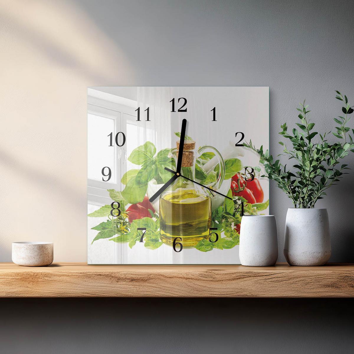WANDUHR aus Glas 30x30 cm - Basilikumöl - Multicolor, Glas (30/30/0.4cm) - TULUP