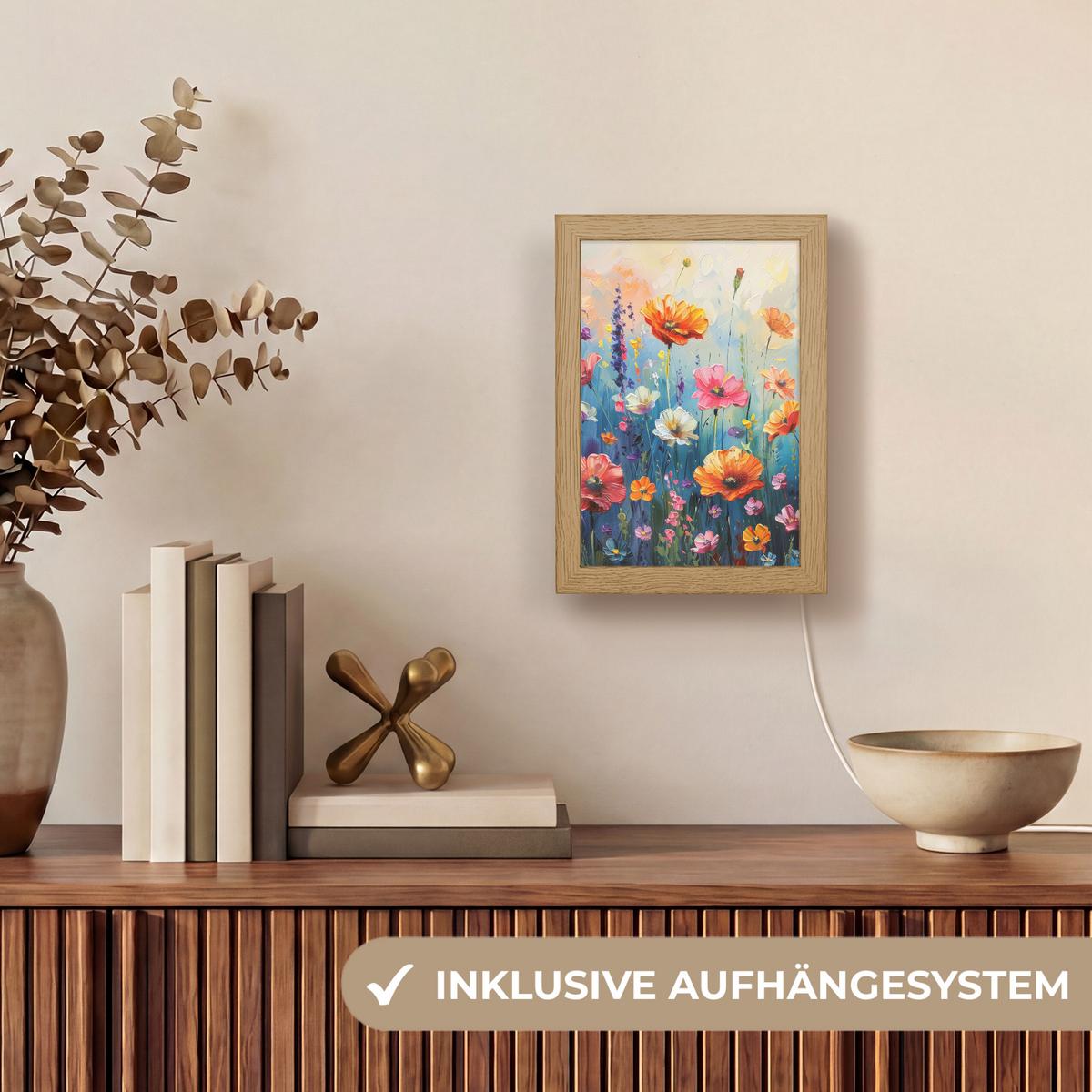 WANDLEUCHTE Blumen - Natur - Aquarell - Kunst 15x20 cm - Multicolor, Holzwerkstoff (15/20/8cm) - OnlyWow