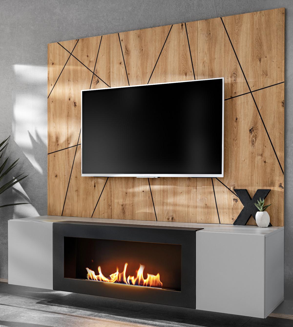 TV-LOWBOARD grau, Eiche Artisan, TV-Unterschrank 160 cm Set mit Ethanol Kamin und Akustikpaneel - Hellgrau/Schwarz, Glas/Holzwerkstoff (160/148/35cm) - Inn.Furn